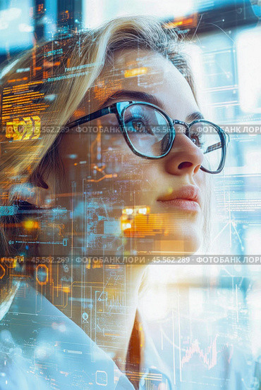 Businesswoman analyzing data flow using futuristic interface in augmented reality. Стоковое AI-изображение, AI-художник Юрий Поздников / Фотобанк Лори