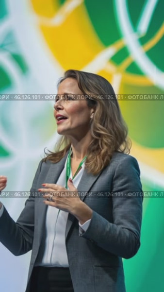 Businesswoman delivering a speech at a corporate event. Стоковое AI-видео, аниматор Юрий Поздников / Фотобанк Лори