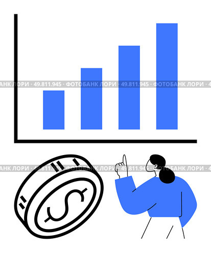 Businesswoman pointing at a rising bar chart with a large dollar coin beside her. Ideal for finance, growth, investment, business success, financial planning, economics, and wealth management themes. Businesswoman analyzing financial growth chart next to a coin with dollar sign. Стоковая иллюстрация, агентство Ingram Publishing / Фотобанк Лори