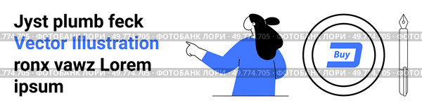 Businesswoman pointing to emphasize a concept with a modern Buy button and a pen symbol. Ideal for business presentations, marketing strategies, e-commerce platforms, professional services. Businesswoman Pointing with Buy Button and Pen Symbol in Professional Context. Стоковая иллюстрация, агентство Ingram Publishing / Фотобанк Лори