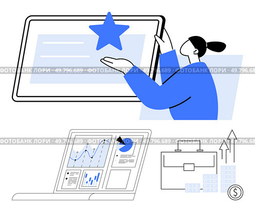 Businesswoman presenting a star on a tablet, laptop displaying data analytics, briefcase, and growth charts. Ideal for business success, achievement, analytics, data presentation, growth career. Businesswoman Accolade, Laptop with Data Analytics, Briefcase, and Growth Charts Concept. Стоковая иллюстрация, агентство Ingram Publishing / Фотобанк Лори