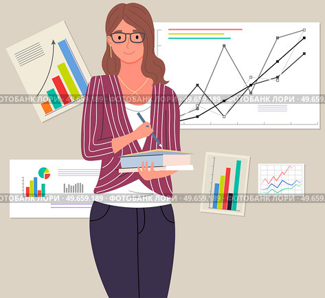 Businesswoman stands in front of screen with chart, statistics. Office worker having creative idea for company finance development. Woman conducts analytics of statistical data, diagram on banner. Businesswoman stands in front of screen with chart. Man conducts analytics of statistical data diagram. Стоковая иллюстрация, агентство Ingram Publishing / Фотобанк Лори