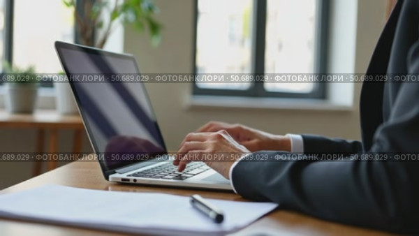 Businesswoman typing e-mail on laptop at office desk, composing professional email letter using business etiquette, writing e message to corporate client online, focus on screen, modern messenger. Стоковое AI-видео, аниматор Sergey Grishin / Фотобанк Лори