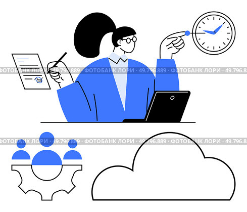Businesswoman with a laptop pointing at a clock and holding a document, team collaboration, cloud storage symbol. Ideal for productivity, time management, teamwork, remote work, cloud computing. Businesswoman with Laptop Managing Time and Team, Cloud Storage and Document Organization. Стоковая иллюстрация, агентство Ingram Publishing / Фотобанк Лори