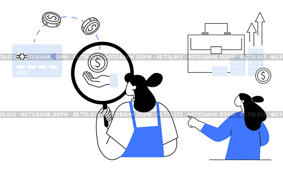 Businesswoman with magnifying glass analyzing financial data and investments. Ideal for finance, investment growth, business analysis, market research, and economic education themes. Simple modern. Businesswoman Analyzing Financial Growth and Investment Returns Using Modern Tools. Стоковая иллюстрация, агентство Ingram Publishing / Фотобанк Лори