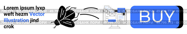 Butterfly, computer screen displaying bug report, and large BUY button. Ideal for software development, debugging, e-commerce, online shopping, user interfaces, tech solutions, graphic design. Bug Fixing and Software Purchase Concept with Butterfly, Computer Screen, and BUY Button. Стоковая иллюстрация, агентство Ingram Publishing / Фотобанк Лори