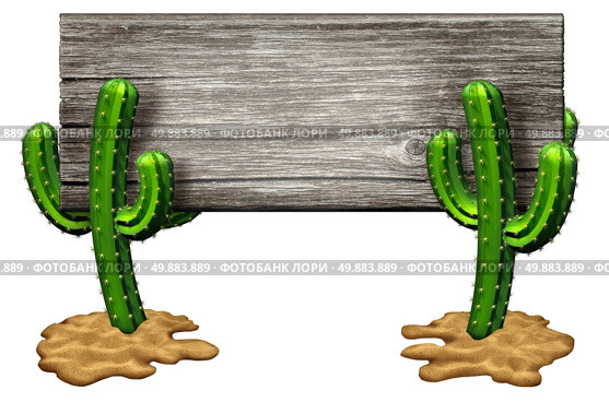 Cactus sign as two Cacti plants on a desert sand floor holding up an old rustic wood banner isolated on white as marketing and advertising symbol of hot dry weather and arid habitat found in southwest parts of north america as Texas and mexico. Стоковое фото, агентство Ingram Publishing / Фотобанк Лори