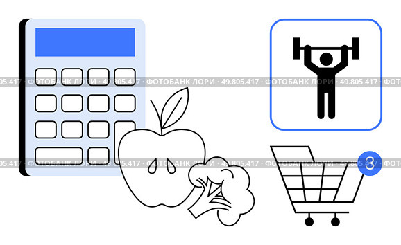 Calculator, apple, broccoli, gym icon, and shopping cart with notification. Ideal for fitness, diet planning, budgeting online shopping health apps grocery lists and wellness blogs. Line metaphor. Healthy Lifestyle Concept with Calculator, Apple, Broccoli, Gym Icon, and Shopping Cart. Стоковая иллюстрация, агентство Ingram Publishing / Фотобанк Лори