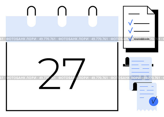 Calendar page with date 27 highlighted. Includes checklists and documents. Ideal for time management, planning, scheduling, organization, and productivity. Minimalist, clean, modern style. Calendar Page with Date 27 and Checklists for Task Management and Planning. Стоковая иллюстрация, агентство Ingram Publishing / Фотобанк Лори