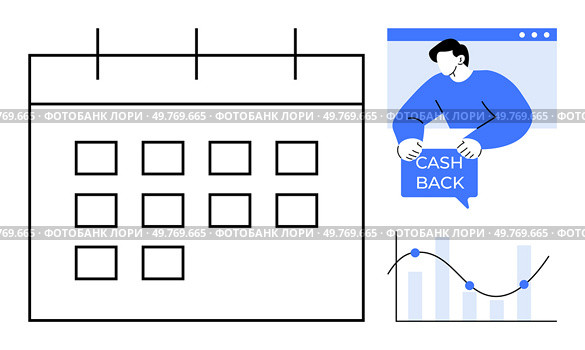 Calendar with grid, person holding Cash Back sign, and declining graph with blue nodes. Ideal for cashback promotions, financial planning, scheduling, business analysis, time management. Calendar with Cash Back and Financial Graphs in Modern Style. Стоковая иллюстрация, агентство Ingram Publishing / Фотобанк Лори