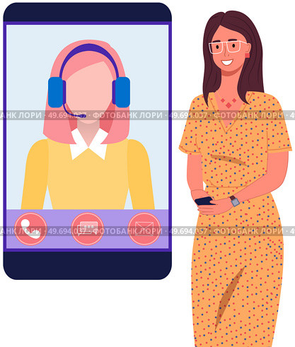 Call center hotline, communication via mobile network. Online support worker, phone service operator. Remote service specialist with headphone on smartphone screen. Woman customer talks via video call. Remote service specialist with headphone on smartphone screen. Woman customer talks via video call. Стоковая иллюстрация, агентство Ingram Publishing / Фотобанк Лори