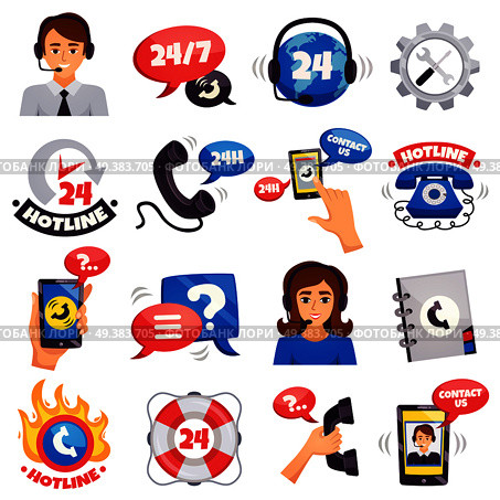 Call contact and customer support centers hotline 24 hours services colorful symbols icons collection isolated vector illustration . Call Center Colorful Icons Collection . Стоковая иллюстрация, агентство Ingram Publishing / Фотобанк Лори