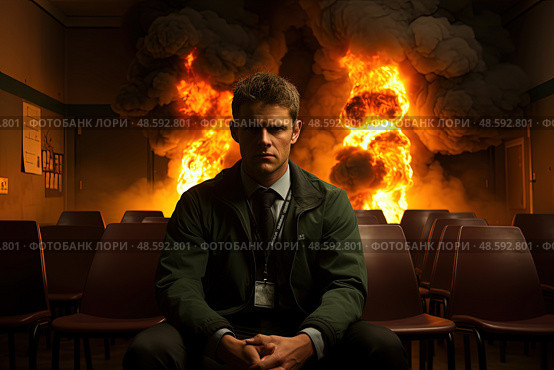 Calm Amidst Chaos: Solemn pensive man sits undisturbed in front of raging flames that engulf room behind him, radiating unsettling calm in face of imminent danger. Стоковое AI-изображение, AI-художник Данила Большаков / Фотобанк Лори
