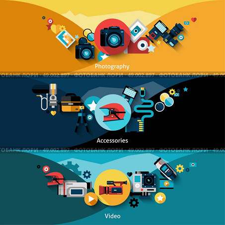 Camera horizontal banners set with video and photography accessories isolated vector illustration. Camera Banners Set. Стоковая иллюстрация, агентство Ingram Publishing / Фотобанк Лори