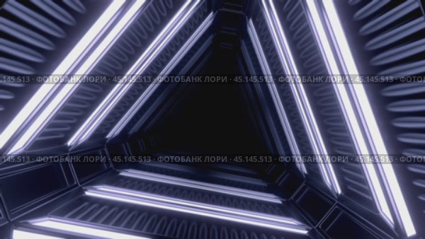 Camera moving through dark triangular corridor with glowing lines. Стоковое видео, видеограф Данил Руденко / Фотобанк Лори