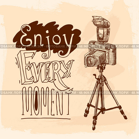 Camera on tripod photo equipment poster with enjoy moment lettering vector illustration. Стоковая иллюстрация, агентство Ingram Publishing / Фотобанк Лори