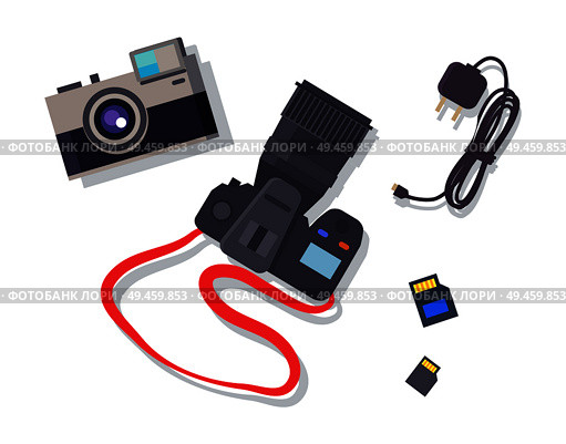 Camera with red lace collection of items used to give more memory, sd cards and wire to charge device vector illustration isolated on white background. Camera with Lace Collection Vector Illustration. Стоковая иллюстрация, агентство Ingram Publishing / Фотобанк Лори