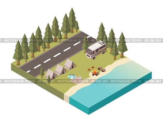 Camp Isometric Design. Camp isometric design with road tents and van bonfire near lake picnic blanket under umbrella vector illustration. Стоковая иллюстрация, агентство Ingram Publishing / Фотобанк Лори