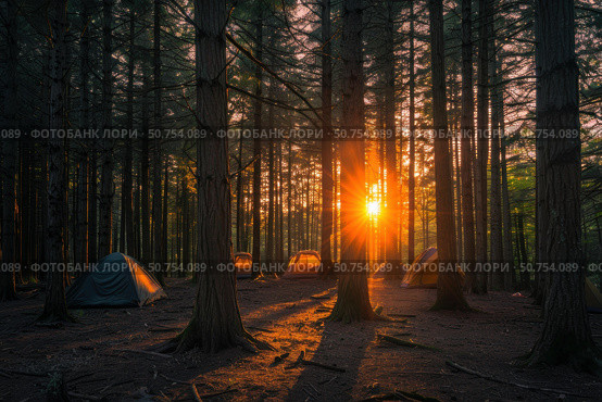 Camping tents illuminated by golden sunrise in a peaceful forest. Стоковое AI-изображение, AI-художник Иван Рябоконь / Фотобанк Лори