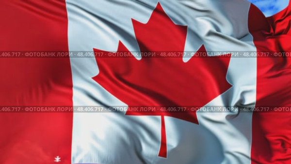 Canadian flag waving in the wind against a blue sky. The red maple leaf is prominently displayed, symbolizing national pride and identity. Стоковое AI-видео, аниматор Данила Большаков / Фотобанк Лори