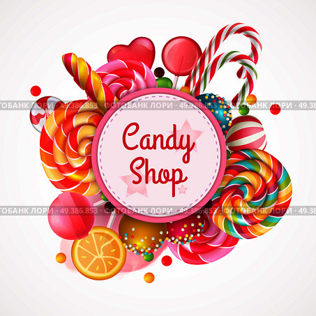 Candy shop round frame background with realistic fruit lollipops with sprinkles, spiral colorful sweets vector illustration. Candy Shop Round Frame Background. Стоковая иллюстрация, агентство Ingram Publishing / Фотобанк Лори