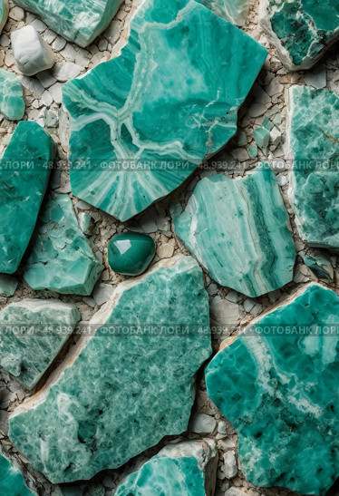 Captivating shades of green and blue intertwine in the amazonite mineral stone, showcasing remarkable textures against a natural backdrop. The unique formations inspire creativity Generative AI. Стоковое AI-изображение, AI-художник Юлия Петровская / Фотобанк Лори