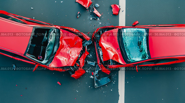 Car Crash Collision: A sobering portrayal of destruction, emphasizing road safety and the aftermath, serves as a caution and a reminder of the dangers on the street. Стоковое AI-изображение, AI-художник Данила Большаков / Фотобанк Лори