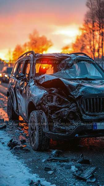 Car Crash: Wrecked automobile, destruction following road traffic incident, insurance claim background, automobile accident aftermath, safety awareness campaign. Стоковое AI-изображение, AI-художник Данила Большаков / Фотобанк Лори