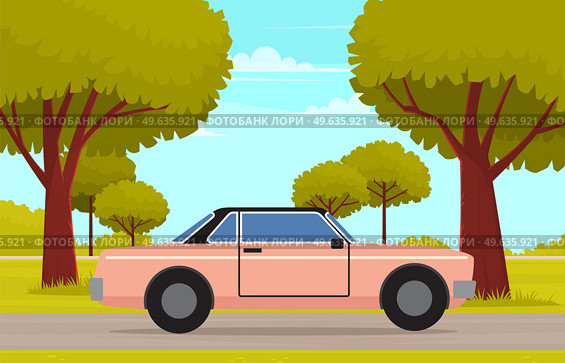 Car drive on an asphalt road in countryside against green forest with large trees. Country road summertime flat vector illustration. Car tourism, family auto trip, journey, automobile transport. Car drive on asphalt road in countryside against green forest with large trees. Car tourism, journey. Стоковая иллюстрация, агентство Ingram Publishing / Фотобанк Лори