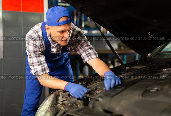 Car mechanic looking at open car hood for internal checking. Стоковое фото, фотограф Яков Филимонов / Фотобанк Лори
