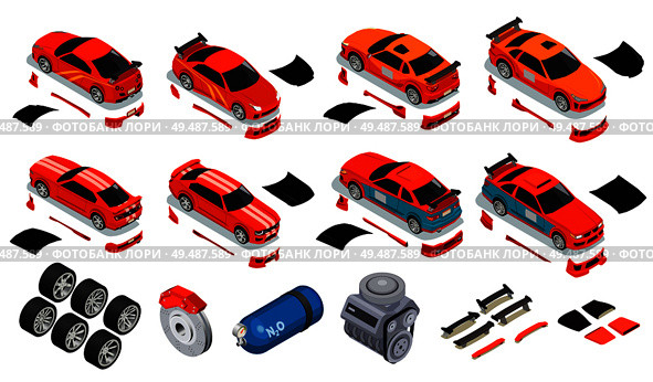 Car tuning isometric icons set of improving wheels rims tires nitrous oxide gas container unlocking engine body kit vector illustration. Стоковая иллюстрация, агентство Ingram Publishing / Фотобанк Лори