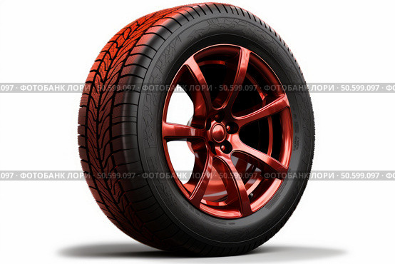 Car wheel with red alloy rim and black tire standing on white background. Стоковое AI-изображение, AI-художник Иван Рябоконь / Фотобанк Лори