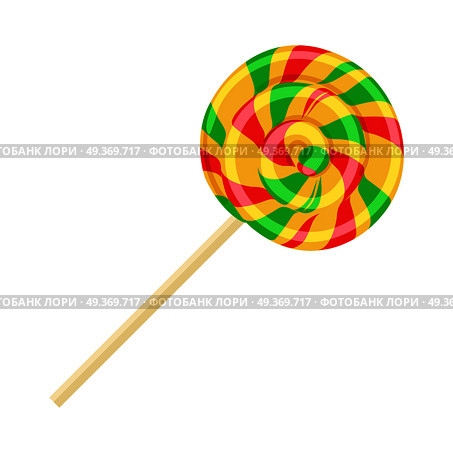 Caramel striped candy on stick isolated vector. Funny sweet cartoon lolly confectionery illustration in flat design. Bonbon sweetmeat sweet stuff lollipop. Delicious colorful spiral dessert. Caramel Striped Candy on Stick Isolated. Funny Sweet. Стоковая иллюстрация, агентство Ingram Publishing / Фотобанк Лори