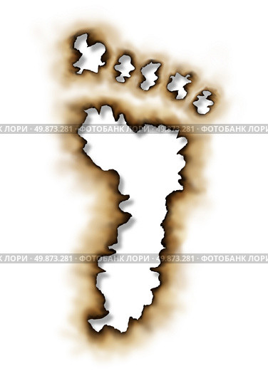 Carbon footprint or conservation symbol with  damaged burnt paper edges in the shape of a foot print as an icon of global warming with nature and the environment stopping pollution due to burning on a white background. Стоковое фото, агентство Ingram Publishing / Фотобанк Лори