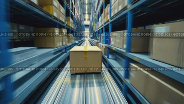 Cardboard boxes speeding on a conveyor belt in a bustling warehouse. Packages Move on a Conveyor Belt. Logistics and transportation background. Product distribution center. Moving image. Export, cargo. Стоковое AI-видео, аниматор Марина Демидюк / Фотобанк Лори