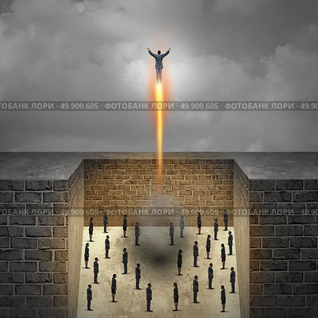 Career boost business concept as a businessman taking off as a rocket from a group of company workers trapped in walls as a metaphor for entrepreneur achievement and ambition freedom with 3D illustration elements. Стоковое фото, агентство Ingram Publishing / Фотобанк Лори