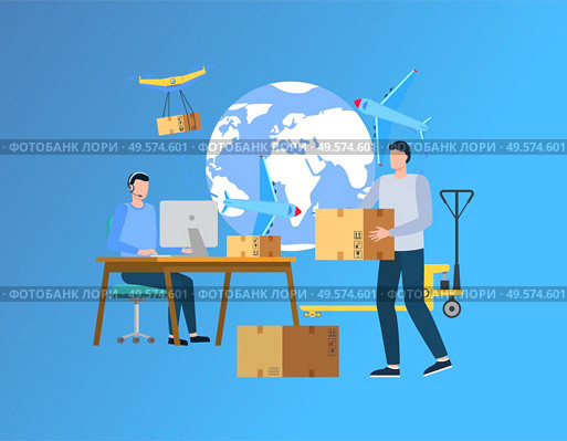 Cargo delivery abroad vector, people working with shipment and parcels packaging, man holding package working on laptop, globe image and text. Illustration for delivering website in flat style. We Deliver Your Cargo Anywhere in World Website. Стоковая иллюстрация, агентство Ingram Publishing / Фотобанк Лори