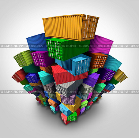 Cargo freight containers stacked high in a group as an export import shipping concept or embargo and sanctions symbol as global trade management icon. . Стоковое фото, агентство Ingram Publishing / Фотобанк Лори