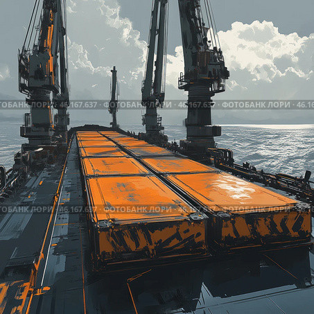 Cargo ship in digital painting style. The deck is covered with bright orange containers, which contrasts with the dark gray hull of the ship. Massive cranes rise above the deck, creating an industrial and futuristic atmosphere.In the background, you can see the open ocean with waves reflecting the sunlight, and in the sky, there are massive clouds, giving the scene an epic feel. The color scheme mainly consists of gray, black and orange shades, which emphasizes the industrial style.The overall impression is that the scene looks grandiose, powerful and technological, creating a sense of transport logistics and global transportation. Стоковое AI-изображение, AI-художник Анна Кривицкая / Фотобанк Лори