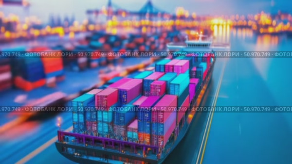 Cargo Vessel Transporting Colorful Shipping Containers Across Waterway at Dusk with City Lights in the Distance. Стоковое AI-видео, аниматор Данила Большаков / Фотобанк Лори