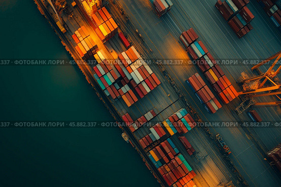 Cargo vessels and containers at a busy port with cranes in action. Стоковое AI-изображение, AI-художник Михаил Коханчиков / Фотобанк Лори