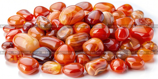 Carnelian Stones Collection On White Background. Generative AI. Стоковое AI-изображение, AI-художник Roman Zavorotny / Фотобанк Лори