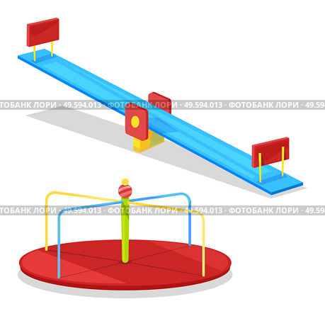 Carousel and seesaw for children to have fun and merriment. Riding merry go round on playground kids enjoying their childhood in vector illustration. Children Carousel and Seesaw for Young Kids. Стоковая иллюстрация, агентство Ingram Publishing / Фотобанк Лори