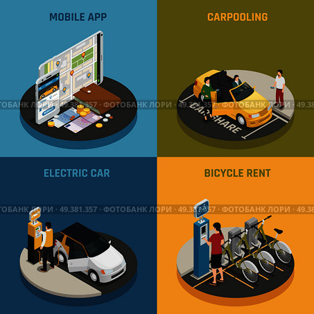 Carsharing 2x2 design concept with mobile app electric car bicycle rent and carpooling square icons isometric vector illustration. Carsharing 2x2 Design Concept . Стоковая иллюстрация, агентство Ingram Publishing / Фотобанк Лори
