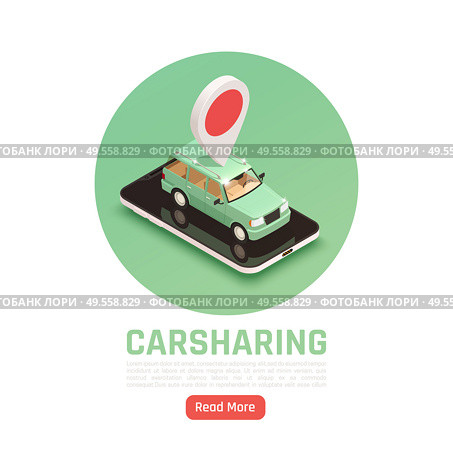 Carsharing carpooling ridesharing circle background with text read more button and car image with location pictogram vector illustration. Стоковая иллюстрация, агентство Ingram Publishing / Фотобанк Лори