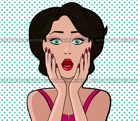 Cartoon attractive woman WOW. Face girl, retro and vintage fashion female, character person, art pop, look and open mouth, speech and surprise illustration. Woman shopping, comic female, art girl. Стоковая иллюстрация, агентство Ingram Publishing / Фотобанк Лори