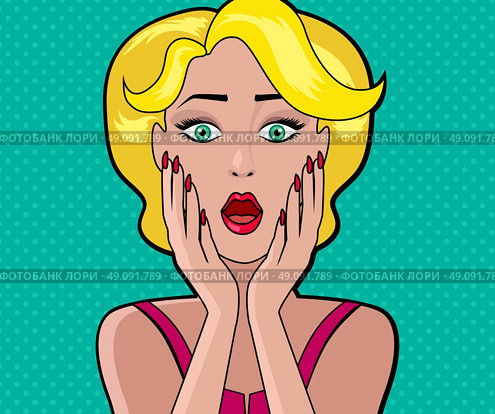 Cartoon attractive woman WOW. Face girl, retro and vintage fashion female, character person, art pop, look and open mouth, speech and surprise illustration. Woman shopping, comic female, art girl. Стоковая иллюстрация, агентство Ingram Publishing / Фотобанк Лори