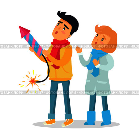 Cartoon boy and girl set off blazing striped firework rocket. Improper behaviour by children with pyrotechnics. Flat vector illustration of frightened little people playing with dangerous equipment. Cartoon Boy and Girl Set off Firework Rocket. Стоковая иллюстрация, агентство Ingram Publishing / Фотобанк Лори