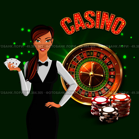 Cartoon casino realistic green composition with girl croupier and Russian Roulette behind her vector illustration. Casino Realistic Green Composition. Стоковая иллюстрация, агентство Ingram Publishing / Фотобанк Лори