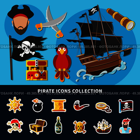 Cartoon collection of pirate icons with jolly roger, sail ship, treasure chest, rum, helm isolated vector illustration. Pirate Icons Cartoon Collection. Стоковая иллюстрация, агентство Ingram Publishing / Фотобанк Лори